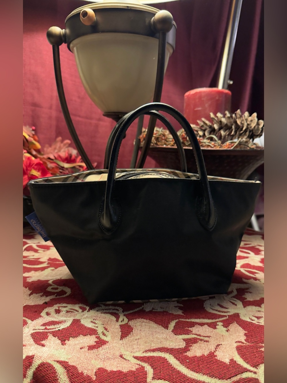 Burberry Blue Label Black Tote with Check-Pattern Trim